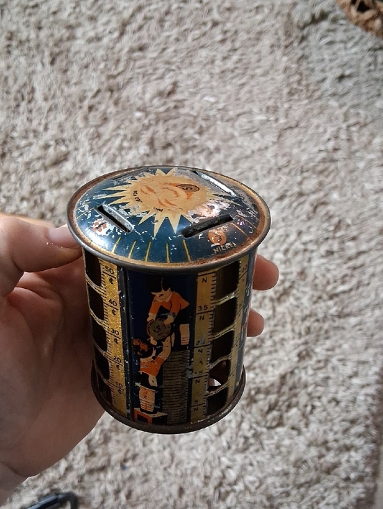 Other - Vintage Blue Tin Coin Bank with Sun Motif
